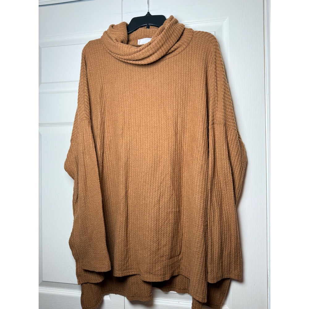 Zenana Women 1X Brown Waffle Knit Cowl Neck‎ Oversized Tunic Sweater